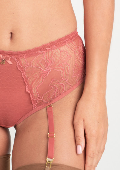 Brazyliany koronkowe różane z paskami do pończoch